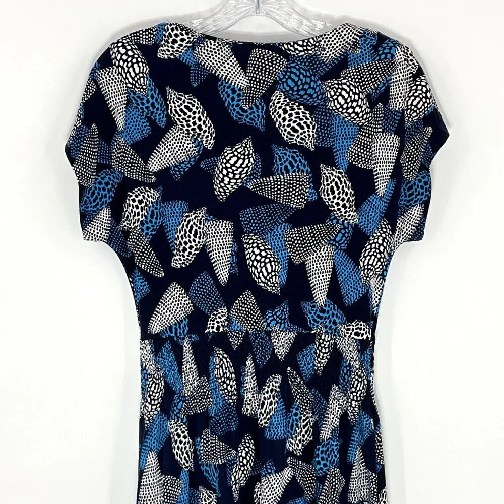 Tory Burch Dress Women XS Silk Blue‎ Seashell Polka Dot Short Sleeve V-Neck
